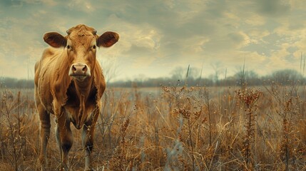 Wall Mural - Cow Standing in a Field of Tall Grass