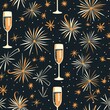 simple seamless New Year themed pattern, featuring fireworks and champagne glasses

