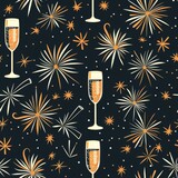 Fototapeta Kwiaty - simple seamless New Year themed pattern, featuring fireworks and champagne glasses

