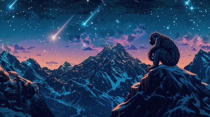 Stylized image of king kong observing the starry sky on a mountain peak in neon colors