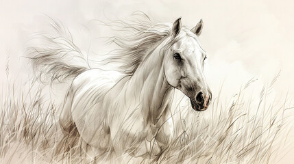 Wall Mural -   A white horse gallops across a green field, its mane billowing in the wind against a blank canvas
