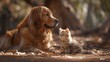 © Olga - A dog and kitten resting on the forest floor amidst fallen leaves and towering trees