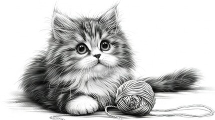 Poster -   A black-and-white illustration of a kitten alongside a yarn ball on the floor