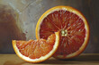 Close-up of half a blood orange with a small slice in front of it