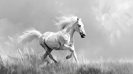 Wall Mural -  A monochrome image of a galloping equine amidst towering blades of green grass, with feathers dancing in the breeze