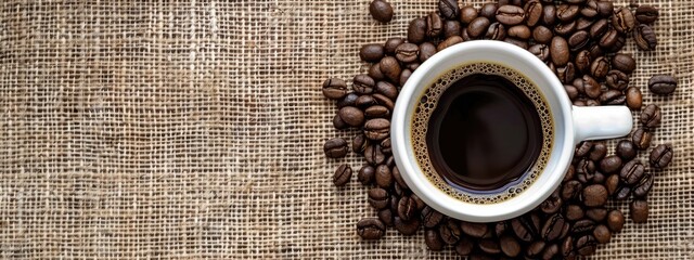 Wall Mural - cup of coffee and coffee beans on burlap background. selective focus