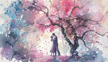 Whimsical Watercolor Scene Of A Couple Sharing A Kiss Under A Canopy Of Cherry Blossoms In Springar7 Generative AI