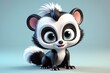 A cute 3D rendering of a baby skunk with big eyes and a fluffy tail.