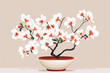 White peach blossom bonsai, beige background, illustration