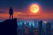 A man standing on the edge of a cliff, looking at a cityscape with a full moon and stars above it, illustration