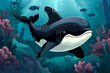 A graceful orca swimming among striped fish and colorful corals in an underwater landscape illuminated by rays of sunlight, illustration
