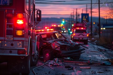 Naklejka na meble Evocative image of a car accident at dusk with emergency vehicles and responders depicting a sense of urgency