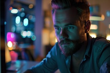 Poster - A young man engages with his laptop in a dark room illuminated by the glow of neon light, depicting late-night productivity