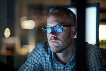 Poster - An image showcasing a professional analyzing data on multiple screens in a dark office, depicting late-night dedication to work