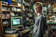 © ChaoticMind - A young person stands among old computers and electronic equipment, representing nostalgia and the evolution of technology