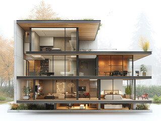 Cross-section of a contemporary eco-friendly wooden house with modern interior design and natural surroundings.
