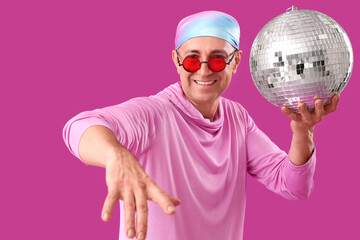 Sticker - Cool mature man with disco ball on purple background