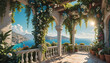 Wandbild Tapete hell beleuchtete Terrasse dicht bewachsen mit grünen Pflanzen und Blumen Blumentöpfe mit Ausblick auf mediterranes Mittelmeer Küste Sonnenschein stimmungsvolle Deko Vorlage Hintergrund