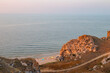 Crimean coast of the Sea of Azov, a picturesque bay with a sandy beach and a tourist camp
