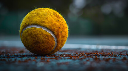 Wall Mural - A tennis ball flying lying on the ground against the background of a tennis court