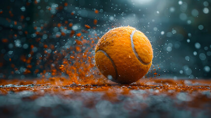 Wall Mural - A tennis ball flying at a speed dripping with water droplets around it.