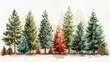 Various firs, pines, and spruces ornamented with baubles. Bundle of coniferous forest Christmas trees isolated on white. Colored holiday illustration.