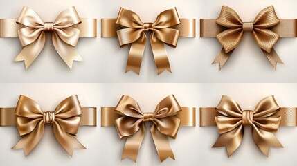 Wall Mural - Golden ribbons decorated with bows. Set of festive gift decorations isolated on white background. Colorful realistic modern illustration.