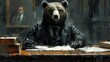 A painting of a bear in suit sitting at desk with pen and paper, AI