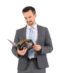 Sticker - Handsome businessman in suit reading magazine on white background