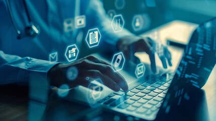 Healthcare Marketer Optimizing Medical Content for SEO with Compliance Checks Silhouette of Professional Working on Transparent Keyboard