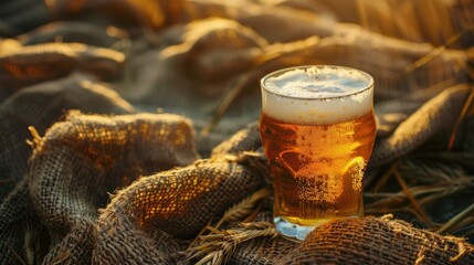 Wall Mural - a glass of beer on a burlap background. selective focus