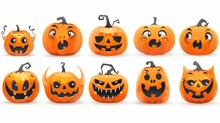 Cute Scary Halloween Jack O'lantern Faces With Different Expressions. Scary Halloween Lantern Head Stencils. Isolated Flat Modern Illustrations.