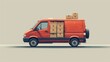 A courier carries cardboard boxes to a van trunk for delivery via auto transport. Concept of courier, delivery service, goods transportation, route map on white background.