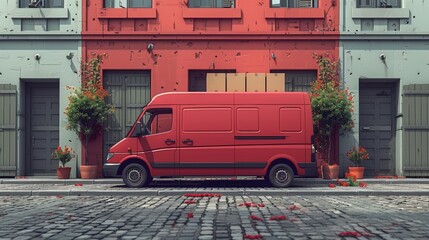 A courier puts cardboard boxes into the trunk of a van so they can be delivered by auto transport. The carrier is aware of their route, so he loads them into the trunk of his van. Flat modern