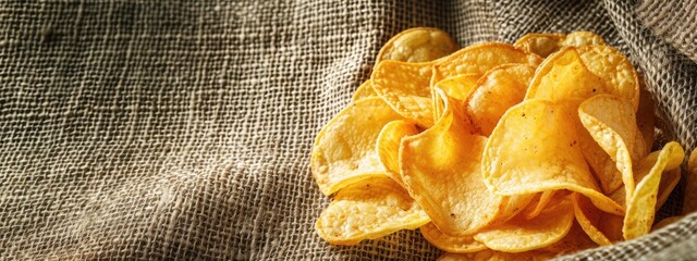 Poster - chips on burlap background. selective focus