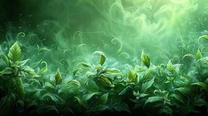 Wall Mural - A painting of a green plant with bubbles and water, AI