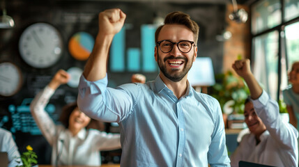 Entrepreneur stands proudly amid thriving business, surrounded by satisfied customers, employees, celebrating success of building enterprise from ground up.