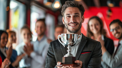 Employee receives trophy at company ceremony, colleagues, managers applaud achievements, showcasing earned recognition, career success.