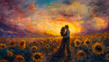 Radiant Oil Painting Capturing A Couples Embrace In A Field Of Blooming Sunflowers At Sunsetar74v60 Generative AI
