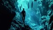 Subterranean Adventure Silhouetted Cave Explorers Discovering Hidden Wonders in Ancient Underwater Passages