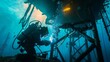 © ASoullife - Deep Sea Diver Underwater Welder at Work on Offshore Oil Rig Industrial Construction and Repair in the Ocean Depths
