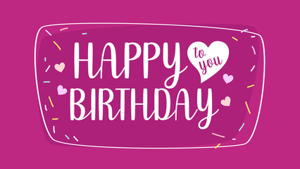 Happy Birthday card with confetti and hearts on purple background