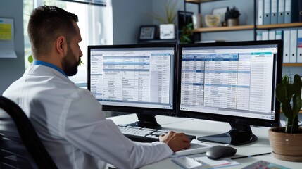 efficient healthcare administration medical billing specialist processing insurance claims on dual m