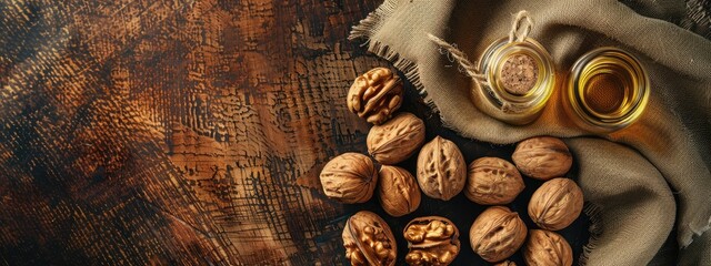 Poster - essential oil of walnut on the background of burlap top view