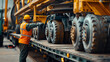 © Maksym - Close-up of a cargo warehouse worker using a crane to lift heavy automotive chassis onto a flatbed trailer for delivery to manufacturing plants, the heavy-duty equipment facilitati