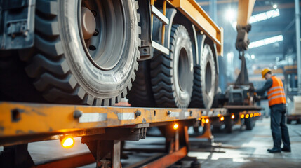 Close-up of a cargo warehouse worker using a crane to lift heavy automotive chassis onto a flatbed trailer for delivery to manufacturing plants, the heavy-duty equipment facilitati