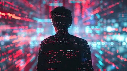 Digital Vision Programmer Immersed in Holographic Code Interface Technology Innovation and Creativity Concept