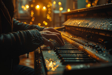 Poster - A musician composing melodies on a piano, exploring harmonies and rhythms to craft original music. Concept of musical innovation. Generative Ai.