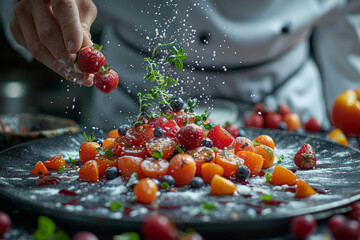 Poster - A chef mastering the art of plating and presentation, elevating their culinary creations to works of art. Concept of gastronomic aesthetics. Generative Ai.