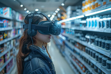 Wall Mural - A virtual reality shopping experience immersing customers in lifelike environments where they can browse and interact with products in a virtual store setting.  Generative Ai.